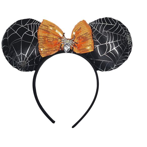 Disney Halloween Minnie Mouse Ears Headband Black Orange Spider Web Rhinestones - Picture 2 of 6